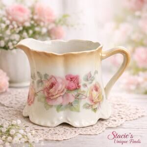 Vintage German Porcelain Creamer Pink Roses Scalloped Base 4”